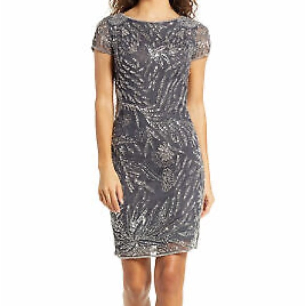 Gray Silver Embellished Sequin Knee-Length Dress